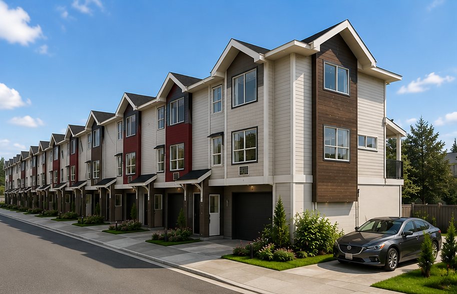 The Wren townhomes seen from the street, with double garages at ground level