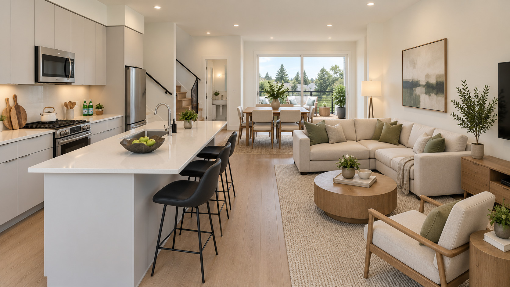 Illustrative Type A living and dining concept with island, dining table and lounge seating